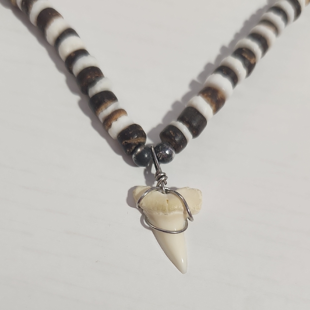 Shark Tooth Pendant Black and White Beaded Necklace
